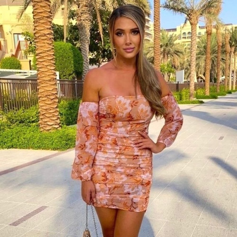 Brown Floral Print Long Sleeve Off Shoulder Ruched Bodycon Mini Dress - Picture 1 of 11